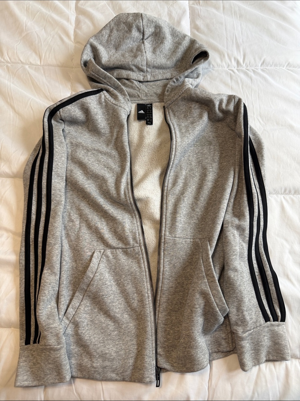adidas Grey Hooded Zip Jacket with Black Sleeve Stripes